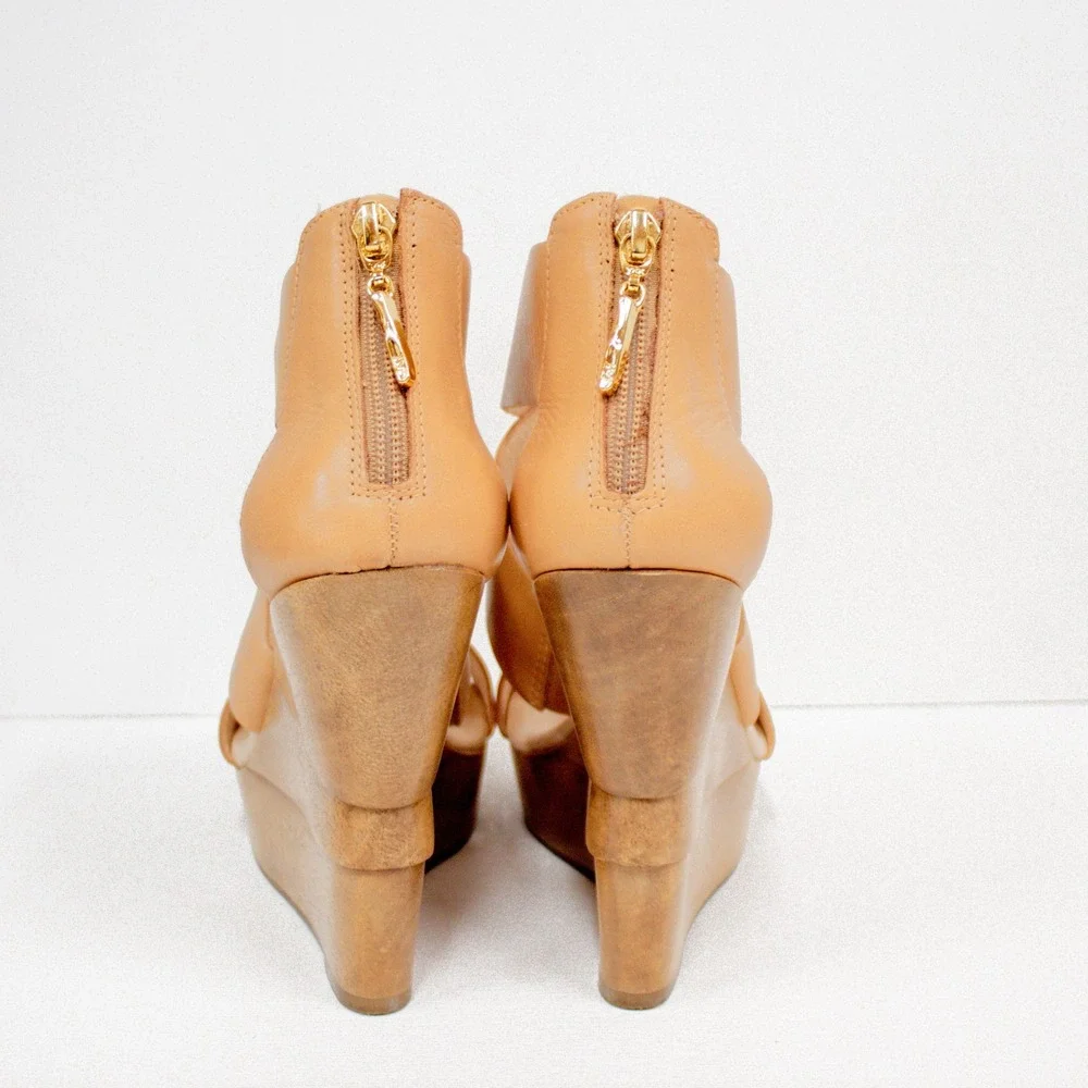 Diane von Furstenberg Opal Wedge Sandals Tan Leather Wooden Heels Women's Size 8